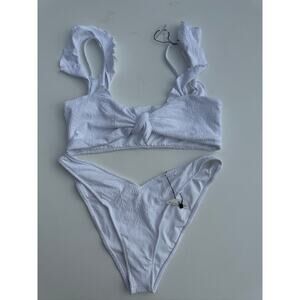 JMP The Label Ruffle Sleeve White Textured Knotted Bridal Bikini Set - XL NWT